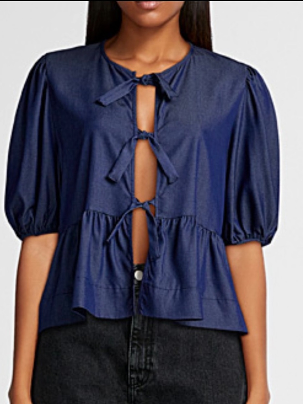 Navy Tie-Front Puff Sleeve Top